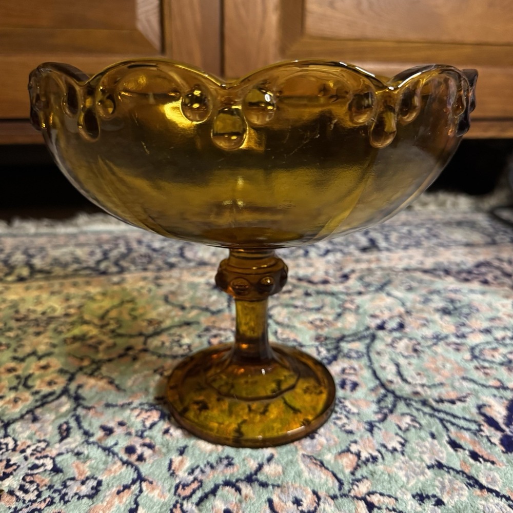 Vintage Indiana Glass Amber Pedestal Teardrop Compote Fruit Bowl